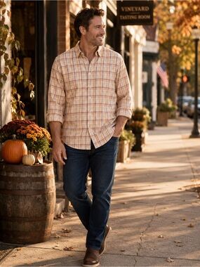 Madda Fella Plaid Button Down Shirt Large Cream Burgundy Cotton Fall Shirt